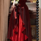 Stunning Burgundy A Line Straps Floral Beaded Ruffle Satin Prom Dress SH5652