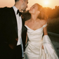 Stunning A Line Off the Shoulder White Satin Long Sweep Wedding Dress SH4857