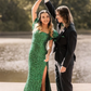 Shiny Green Sequin Sheath Puff Sleeve Backless Long Prom Dress Date Dress SH6509