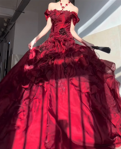 Burgundy Blue Ball Gown Off the Shoulder Beaded Rose Organza Satin Graduation Ball Gown 18th Birthday Dress SH4987