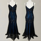 Gorgeous Mermaid Spaghetti Straps Beaded Navy Blue Satin Long Prom Dress SH1150