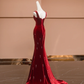 Burgundy Mermaid Straps Beaded Velvet Long Prom Dress Party Dress SH4370