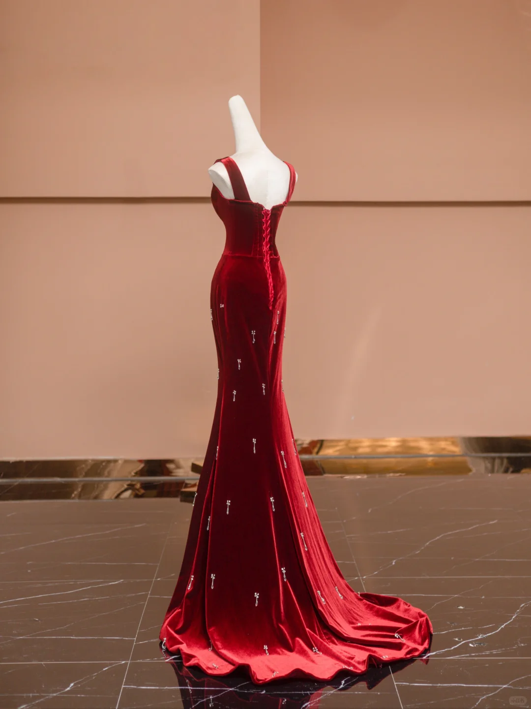 Burgundy Mermaid Straps Beaded Velvet Long Prom Dress Party Dress SH4370