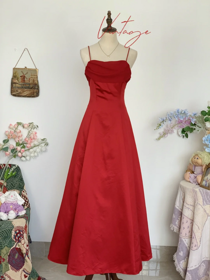 Vintage Red Simple A Line Spaghetti Strap Chiffon Satin Prom Dress Outfits SH4953