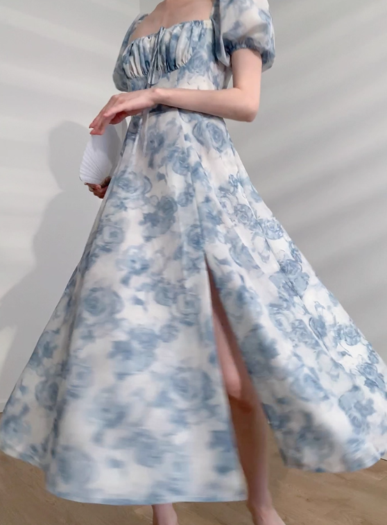 Blue Rose A Line Puff Chiffon Prom Dress Outfits with Slit SH4729