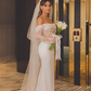 Elegant Mermaid Long Sleeve Sequin Lace Satin Wedding Dress SH6337