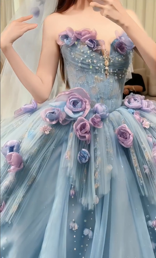 Blue Floral Ball Gown Sweetheart Neck Exquisite Beaded Tulle Long Prom Dress SH5031