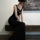 Vintage Black Mermaid Embroidery Satin Prom Dress Evening Dress Date Dress SH5600