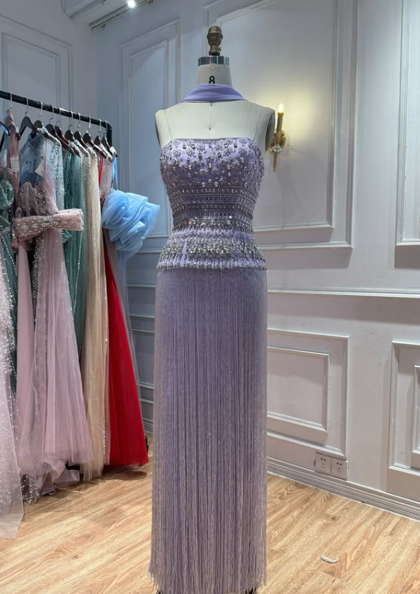 Lilac A Line Strapless Beaded Tassel Satin Long Prom Dress Evening Dress SH8951