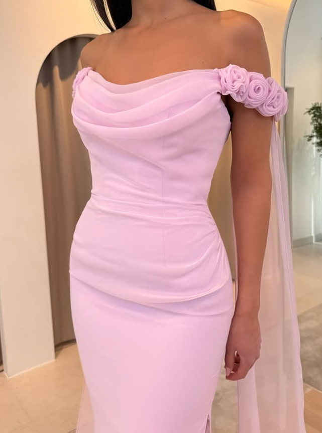 Baby Blue Sheath Off the Shoulder Floral Chiffon Satin Prom Dress SH5546