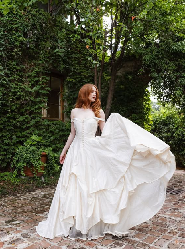Retro Ivory A Line Off the Shoulder Pleated Satin Wedding Dress SH6085