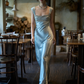 Elegant Blue A Line Straps Beaded Satin Long Prom Dress Date Dress SH4963