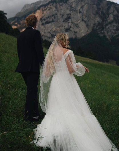 Charming A Line Long Sleeve White Tulle Long Train Wedding Dress SH7128