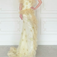 Pretty Mermaid Strapless Shiny Sequin Yellow Organza Slit Prom Dress Evening Dress SH6763