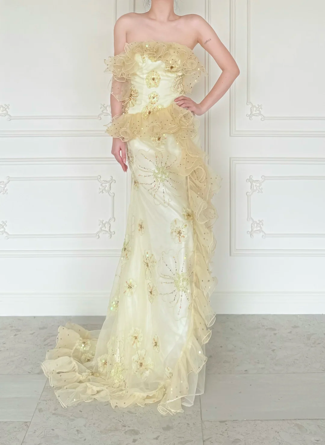 Pretty Mermaid Strapless Shiny Sequin Yellow Organza Slit Prom Dress Evening Dress SH6763