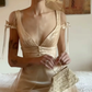 Gentle Apricot A Line V Neck Lace Tulle Satin Long Prom Dress Outfits SH4980