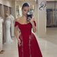 Gentle A Line Off the Shoulder Red Beaded Velvet Long Prom Dress SH5303