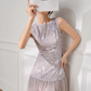 Purple A Line Round Neck Print Floral Tulle Satin Prom Dress Outfits SH4733
