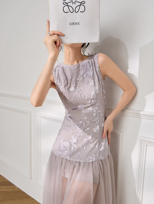 Purple A Line Round Neck Print Floral Tulle Satin Prom Dress Outfits SH4733