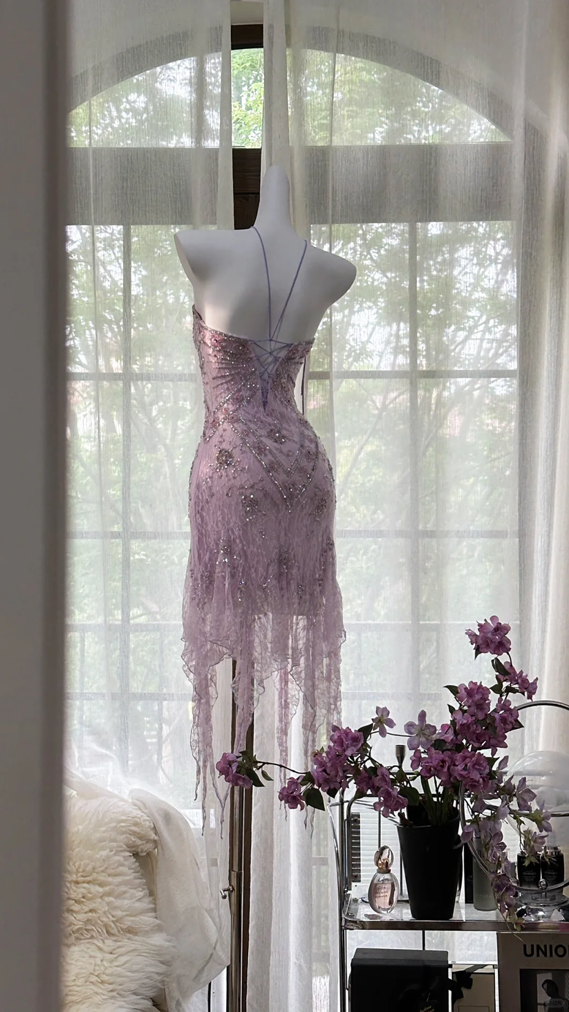 A Line Halter Flower Short Mini Purple Lace Homecoming Dress main image 0