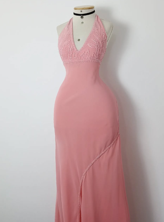 Retro A Line V Neck Pink Beaded Chiffon Prom Dress Evening Dress SH3367
