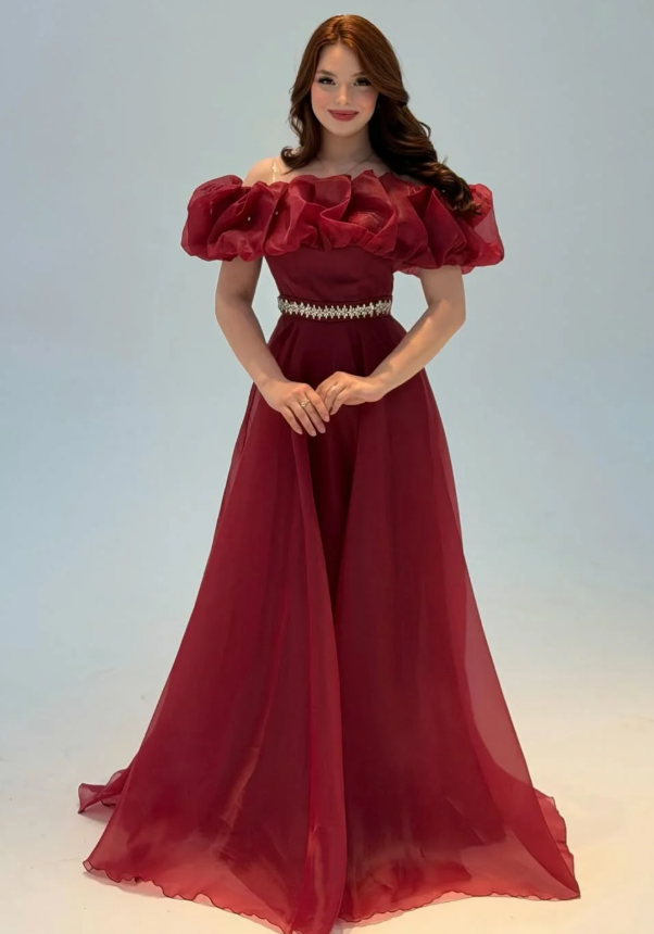 Burgundy A Line Off the Shoulder Beaded Organza Prom Dress Wedding Guest Dress SH6015