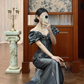 Vintage Unique Mermaid V Neck Grey Satin Long Prom Dress SH5172