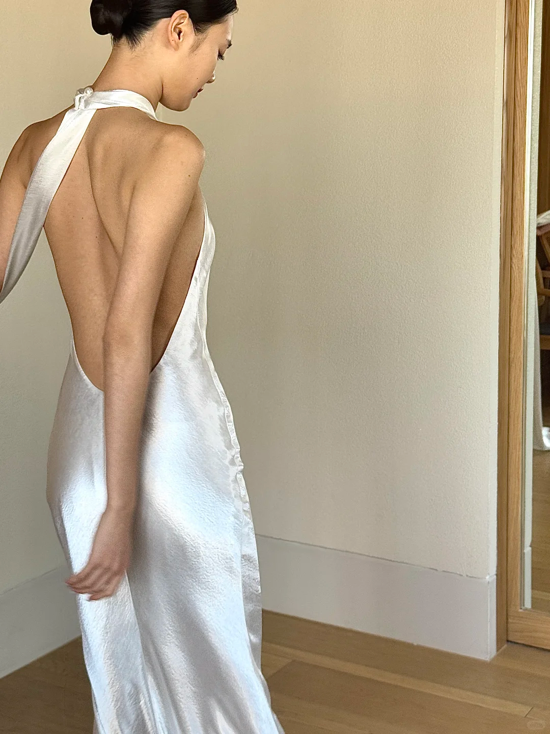 Charming Mermaid Halter White Satin Open Back Long Wedding Dress SH4756