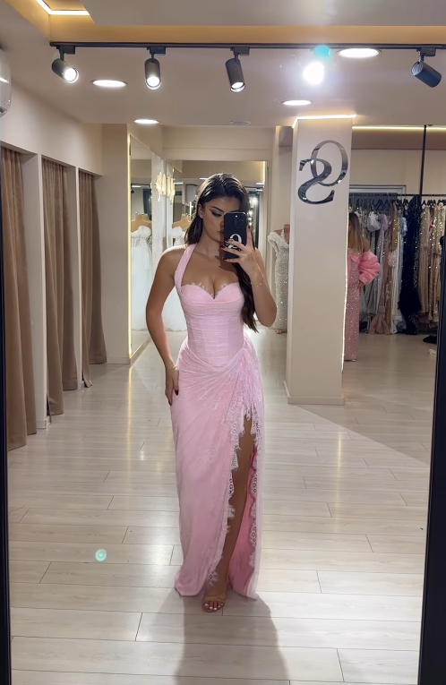 Gentle Sheath Halter Pink Lace Long Prom Dress with Slit SH5302