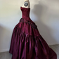 Vintage Burgundy Strapless Beaded Satin Long Prom Dress Party Dress SH5532