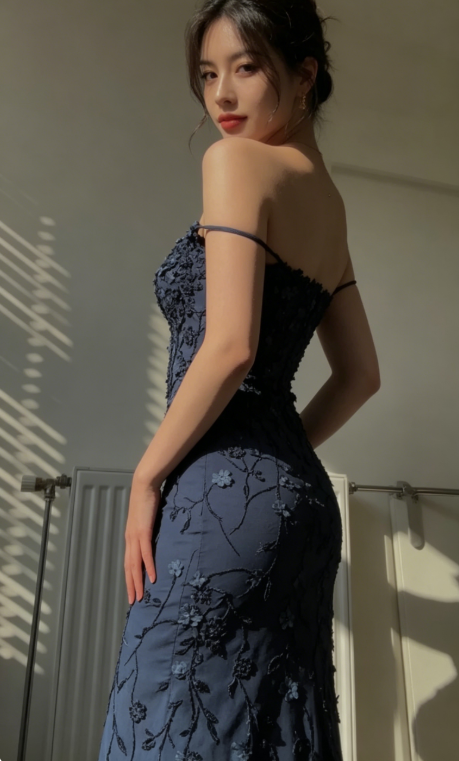 Vintage Navy Blue Spaghetti Straps Prom Dress Sexy Mermaid Evening Dress SH1208