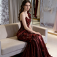 Shiny Burgundy Mermaid Halter Appliques Ruffle Sequin Long Prom Dress SH5426
