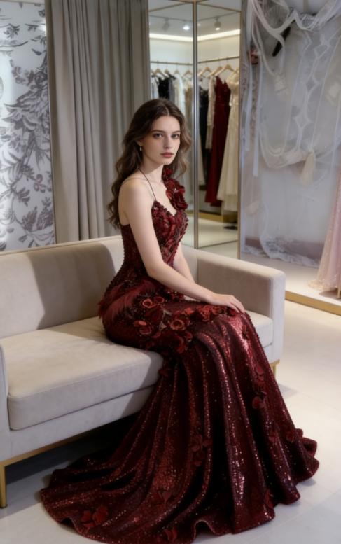 Shiny Burgundy Mermaid Halter Appliques Ruffle Sequin Long Prom Dress SH5426