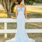 Blue Mermaid Strapless Lace Tulle Date Dress Prom Dress with Bow SH3884