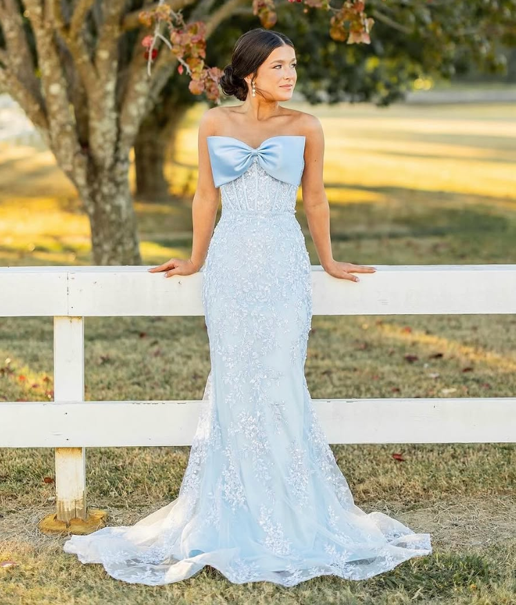 Blue Mermaid Strapless Lace Tulle Date Dress Prom Dress with Bow SH3884