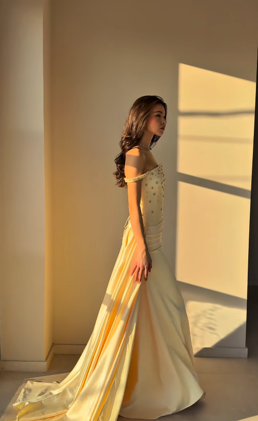 Princess Yellow A Line Off the Shoulder Beaded Satin Long Prom Dress Evening Dress SH6745