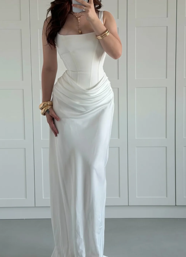 High-class Sheath Straps White Satin Long Prom Dress Evening Dress SH7294