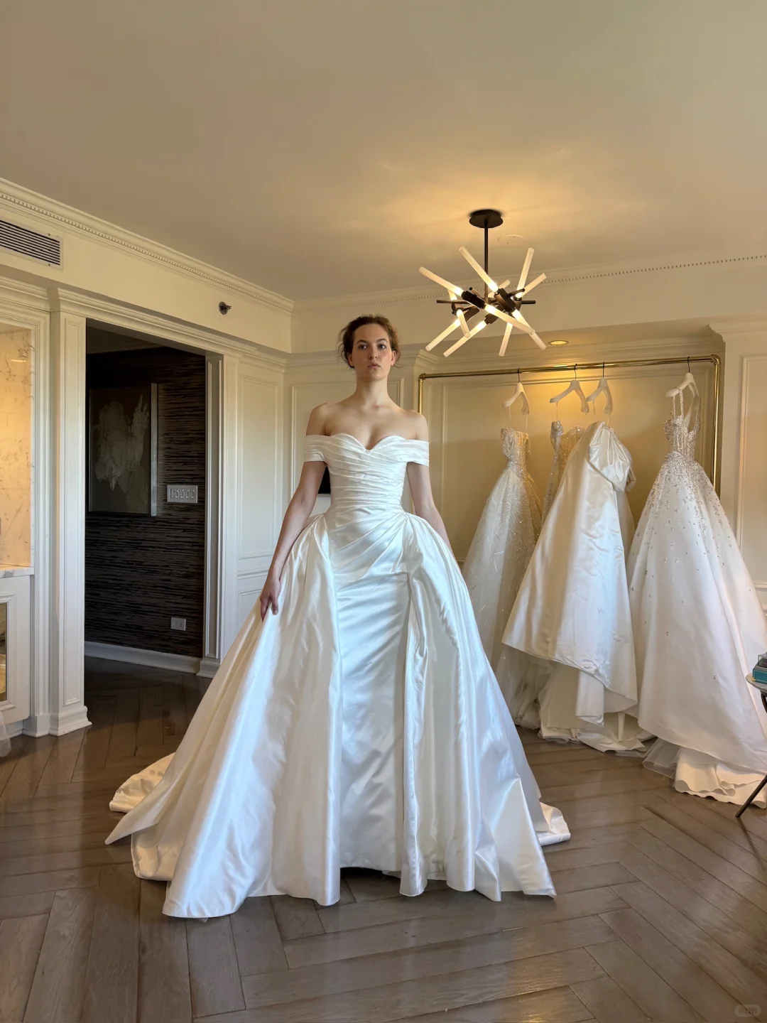 Ball Gown Off the Shoulder Pleated White Simple Satin Long Wedding Dress SH4757