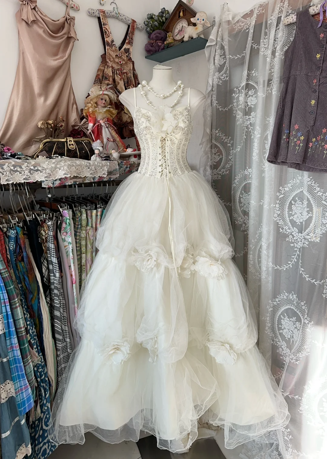 Ivory Vintage A Line Straps 3D Floral Beaded Tulle Graduation Prom Dress SH5376