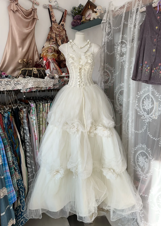 Ivory Vintage A Line Straps 3D Floral Beaded Tulle Graduation Prom Dress SH5376
