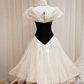 Vintage Black-White A Line Off the Shoulder Satin Tulle Prom Dress SH5563