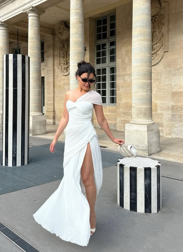 Flowy White Sheath One Shoulder Chiffon Slit Long Prom Dress Party Dress SH6425