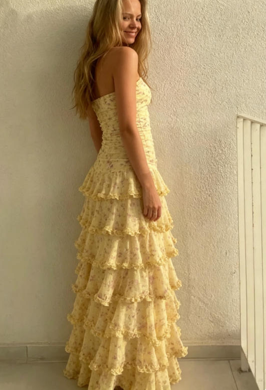 Glamorous Sleeveless Strapless Yellow Print Floral Chiffon Long Prom Dress with Ruffles SH5462