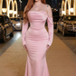 Elegant Mermaid Long Sleeve Pink Satin Prom Dress Evening Dress SH5526