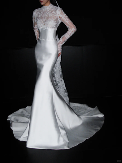 Classic Mermaid Long Sleeve White Lace Satin Long Wedding Dress SH5968