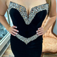 Sexy Black Mermaid Strapless Shiny Rhinestone Velvet Long Prom Dress Evening Dress SH6774