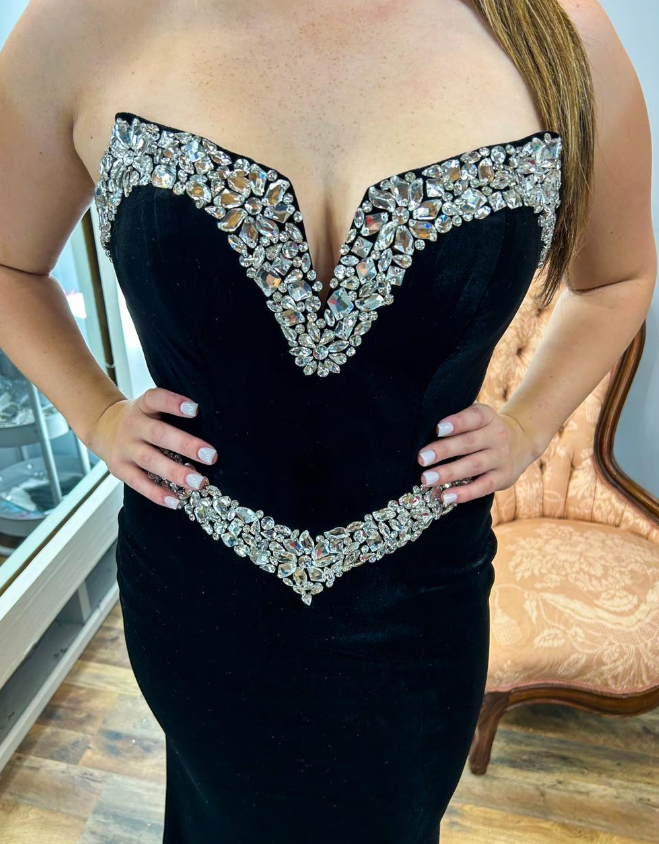 Sexy Black Mermaid Strapless Shiny Rhinestone Velvet Long Prom Dress Evening Dress SH6774