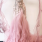 Pink Mermaid Strapless Beaded Tulle Long Sweep Prom Dress 16th Birthday Dress SH4648