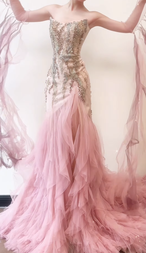 Pink Mermaid Strapless Beaded Tulle Long Sweep Prom Dress 16th Birthday Dress SH4648