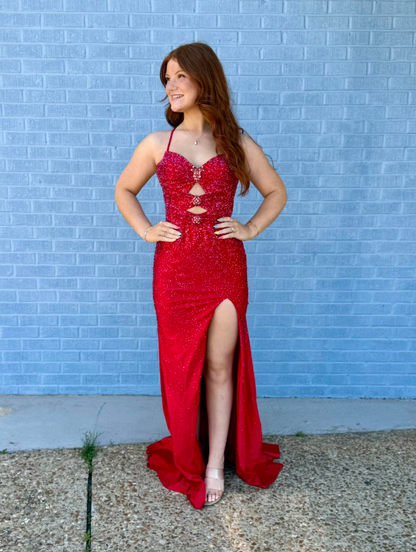 Dazzling Red Mermaid Straps Exquisite Beaded Satin Slit Long Prom Dress Evening Dress SH7233